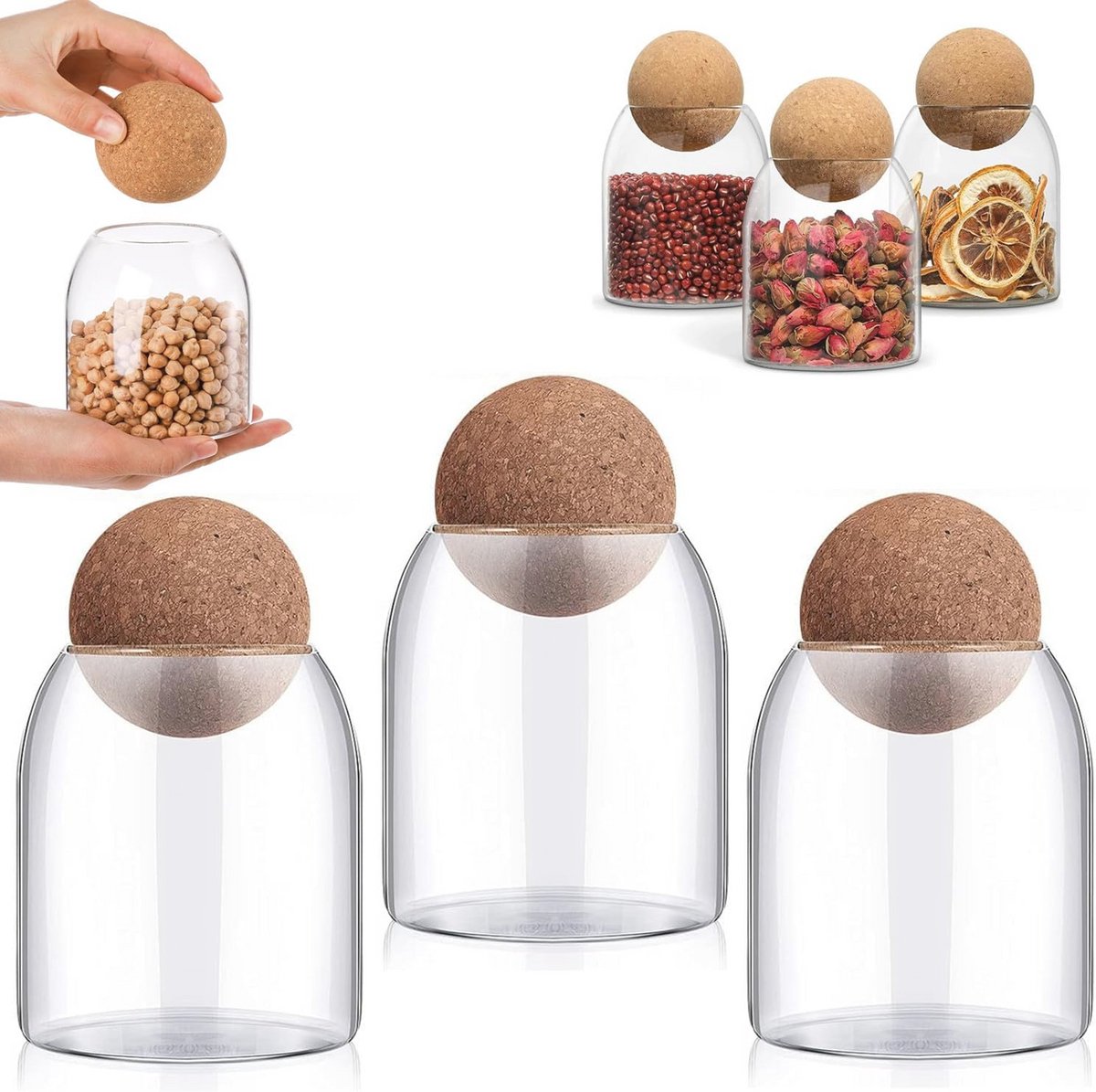 Glazen Opslagcontainers met Korkdeksel - Set van 3 - 500 ml