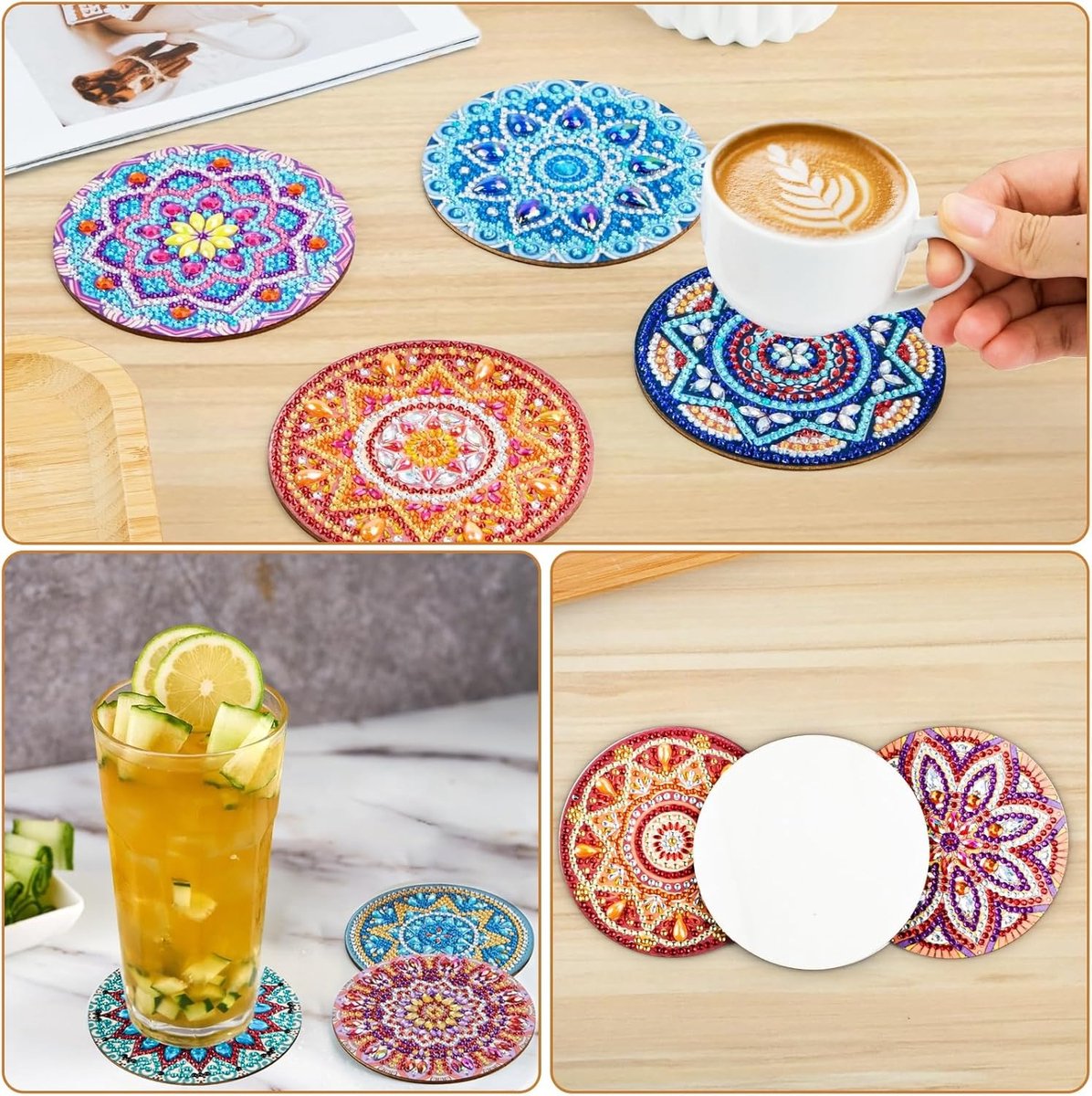 10-pack Diamond Painting-onderzetters (met standaard), Diamond Cup-onderzetters, Diamond Painting-knutsels voor volwassenen, DIY Mandala-onderzetters, antislip, Houten Kork Basis, Creatief Knutselpakket voor Kinderen & Volwassenen — afbeelding 5