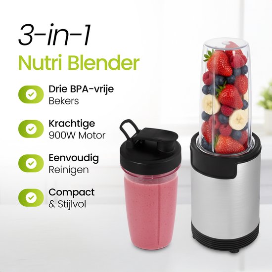 Blender - 900W - Inclusief 3 Bekers - Roestvrijstalen Messen - BPA-vrij - Smoothies, Sauzen, Babyvoeding van Blender — afbeelding 2