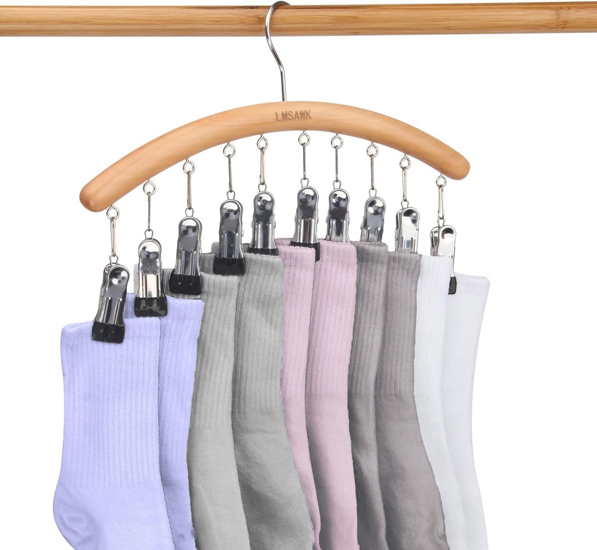 Houten kleerhanger met 10 clips voor sokken en gezichtsmaskers, 360 graden draaibaar