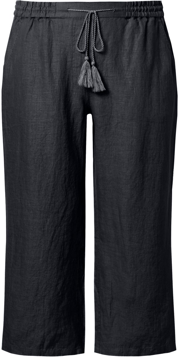 Ulla Popken - Dames - 7/8-linnen broek elastische tailleband natuurlijk koel - Zwart - Maat 50