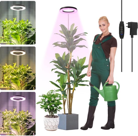MUPOO groeilamp planten Zwart 160 LEDS met 26cm ring met Adapter - kweeklamp led full spectrum met Dimbare Helderheid - 9-traps dimmen-erstelbaar (35-155cm)-Timer 3/9/12-Indoor planten lamp - planten verlichting