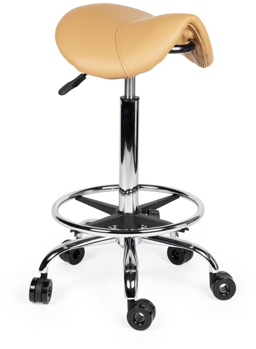Ergonomische Kapperskruk Beige op Wielen Hoog (70-84cm) / met Voetsteun