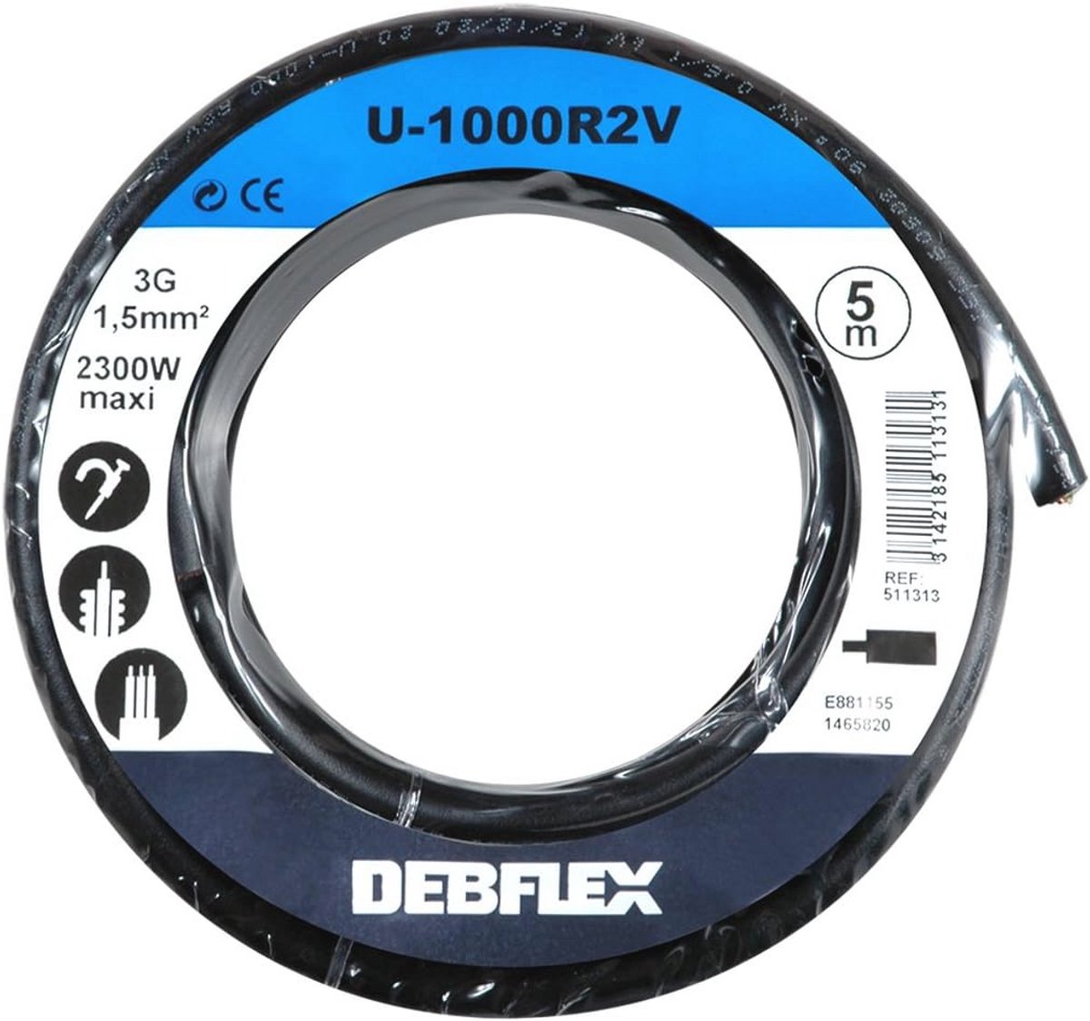 Kabelhaspel elektrische draadspoel 5m U1000 R2V 3G1,5 mm² zwart