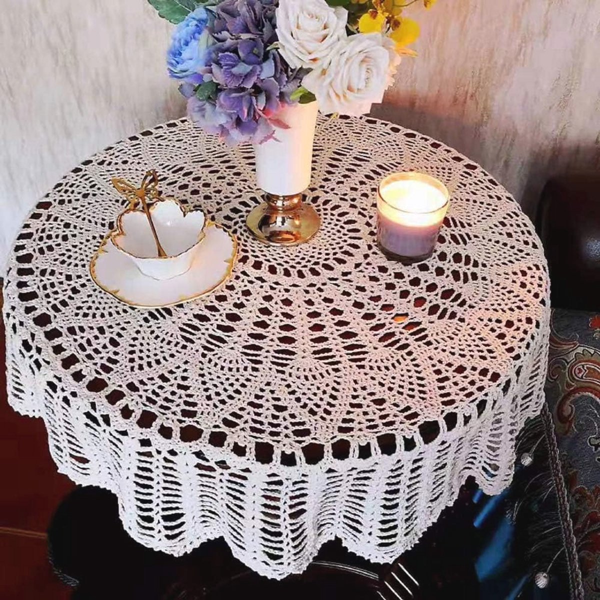 Gehaakt Katoenen Tafelkleed Rond Vintage Stijl 80 cm voor Bruiloft en Diner