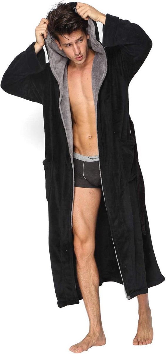 Zwarte zachte herringbone badjas met kimono kraag - volledig lengte (M)