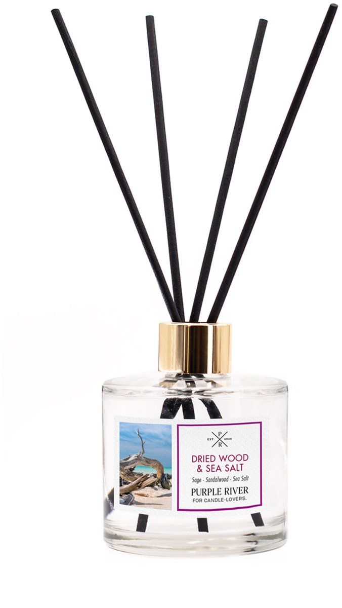 Purple River Candle Geurstokjes - 100 ml - gedroogd hout en zeezout - glas - 6 stokjes