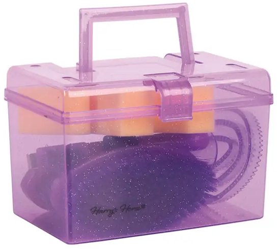 Transparante paarse poetskist met glitter, inhoud paarse borstels en gele sponzen.