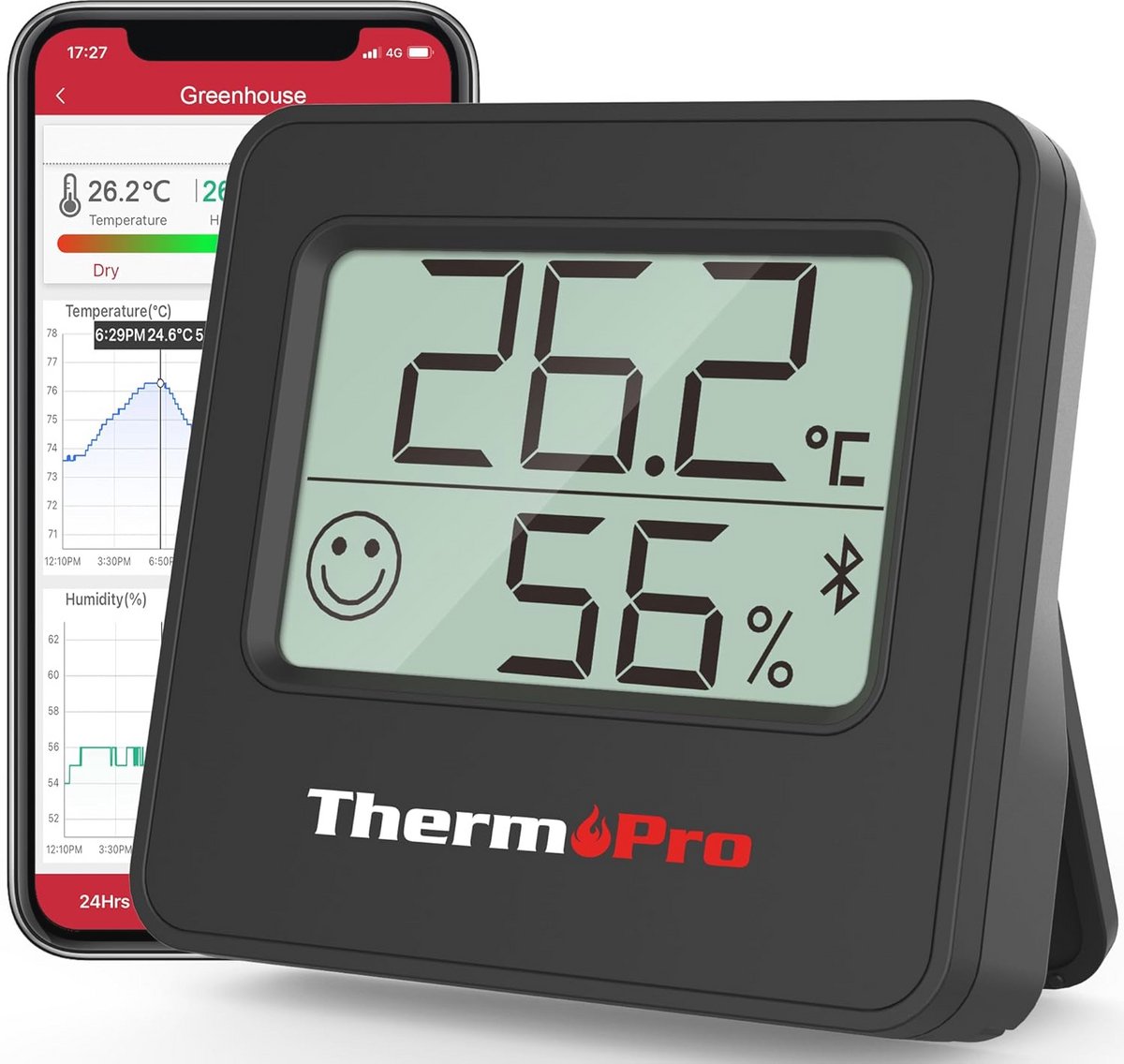 ThermoPro TP357 Room Thermometer Thermometer Hygrometer Bluetooth 80 m Digital with App Humidity Meter with Smiley Indicator and Graph Black