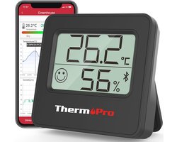 ThermoPro TP357 Room Thermometer Thermometer Hygrometer Bluetooth 80 m Digital with App Humidity Meter with Smiley Indicator and Graph Black