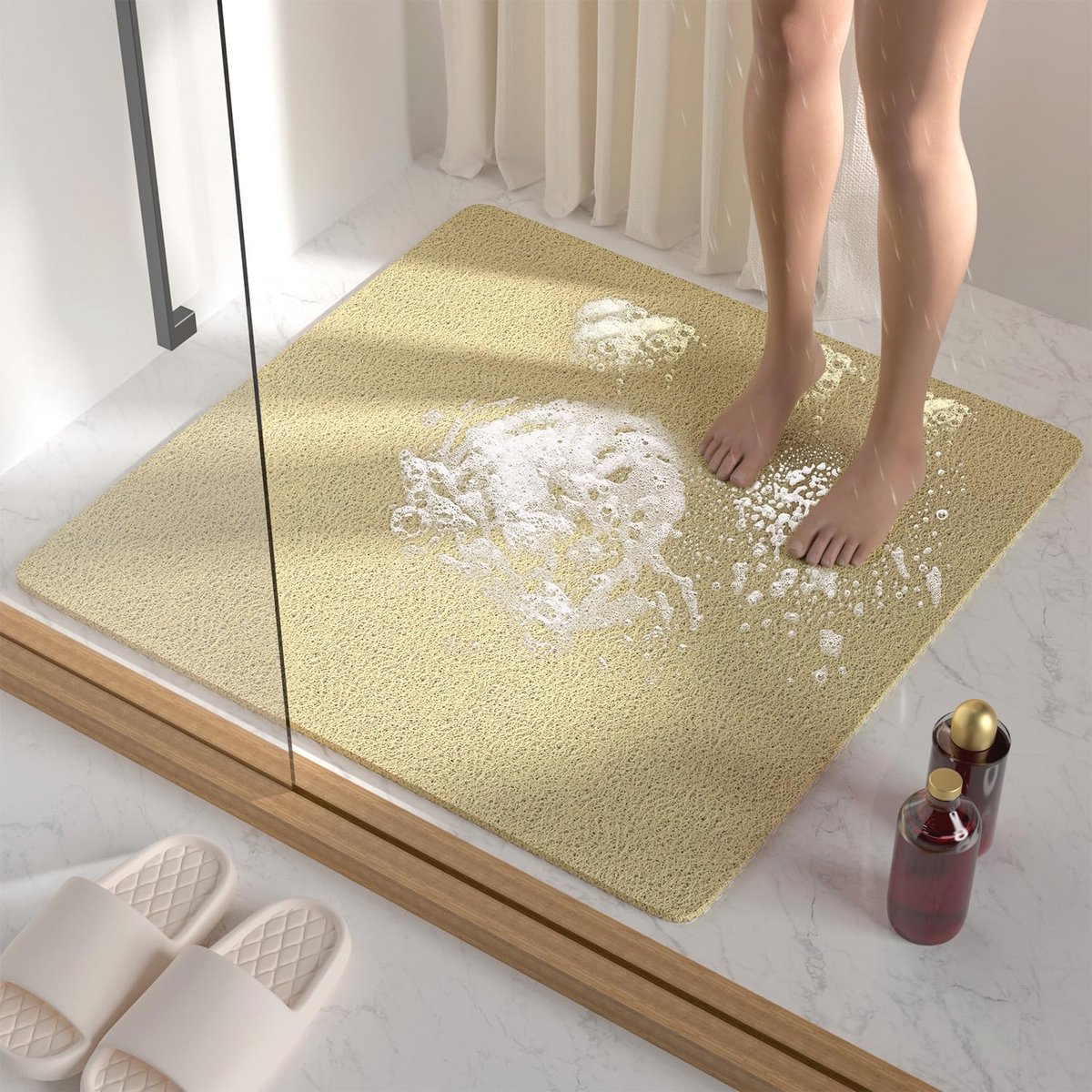 HITSLAM Antislip douchemat, 68 x 68 cm, antislip badmat voor badkamer met afvoer, zachte PVC luffa badmat, sneldrogend, beige