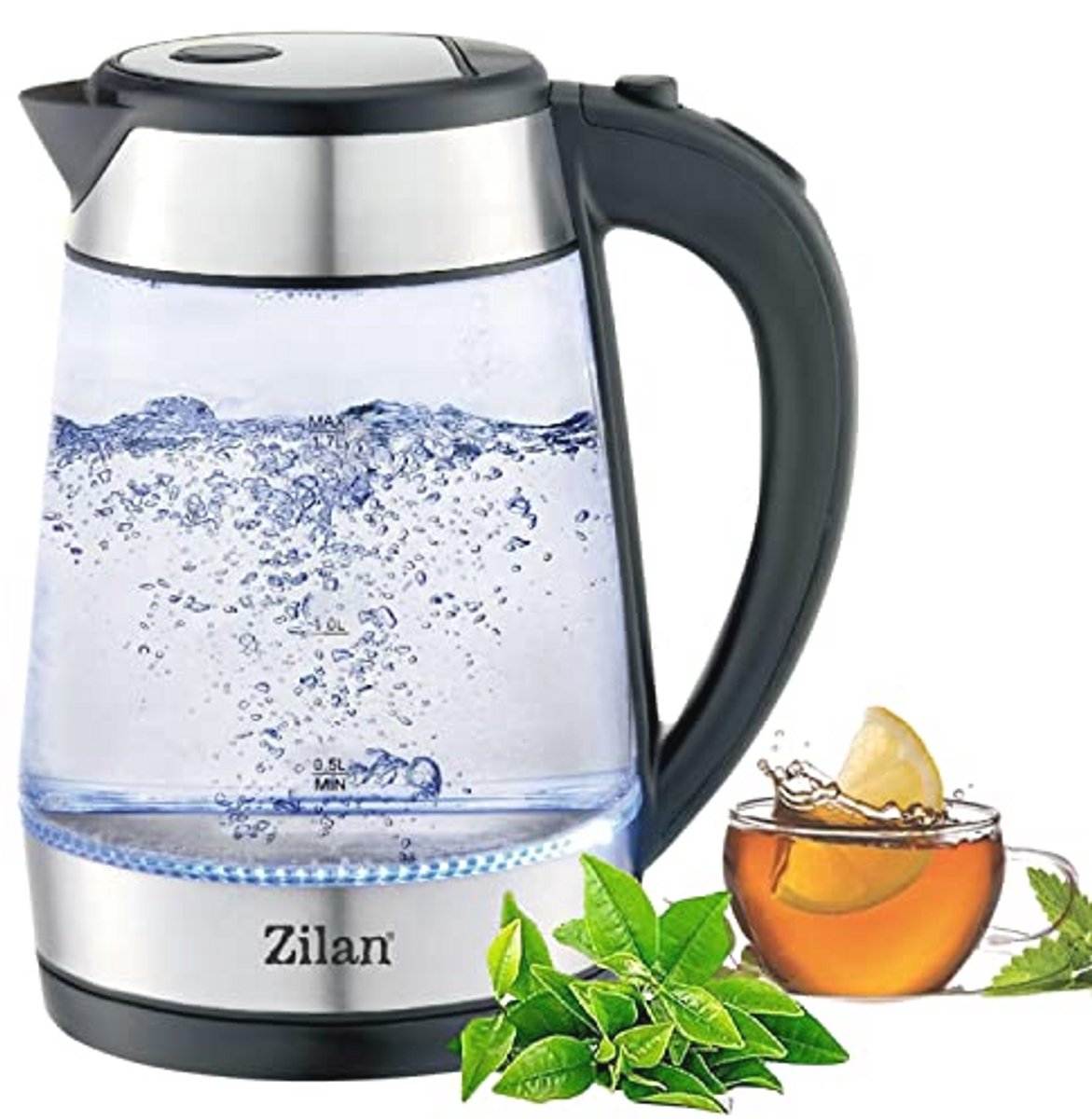 Stijlvolle glazen waterkoker met 2200 W en 1,7 liter capaciteit, 360° draaibaar