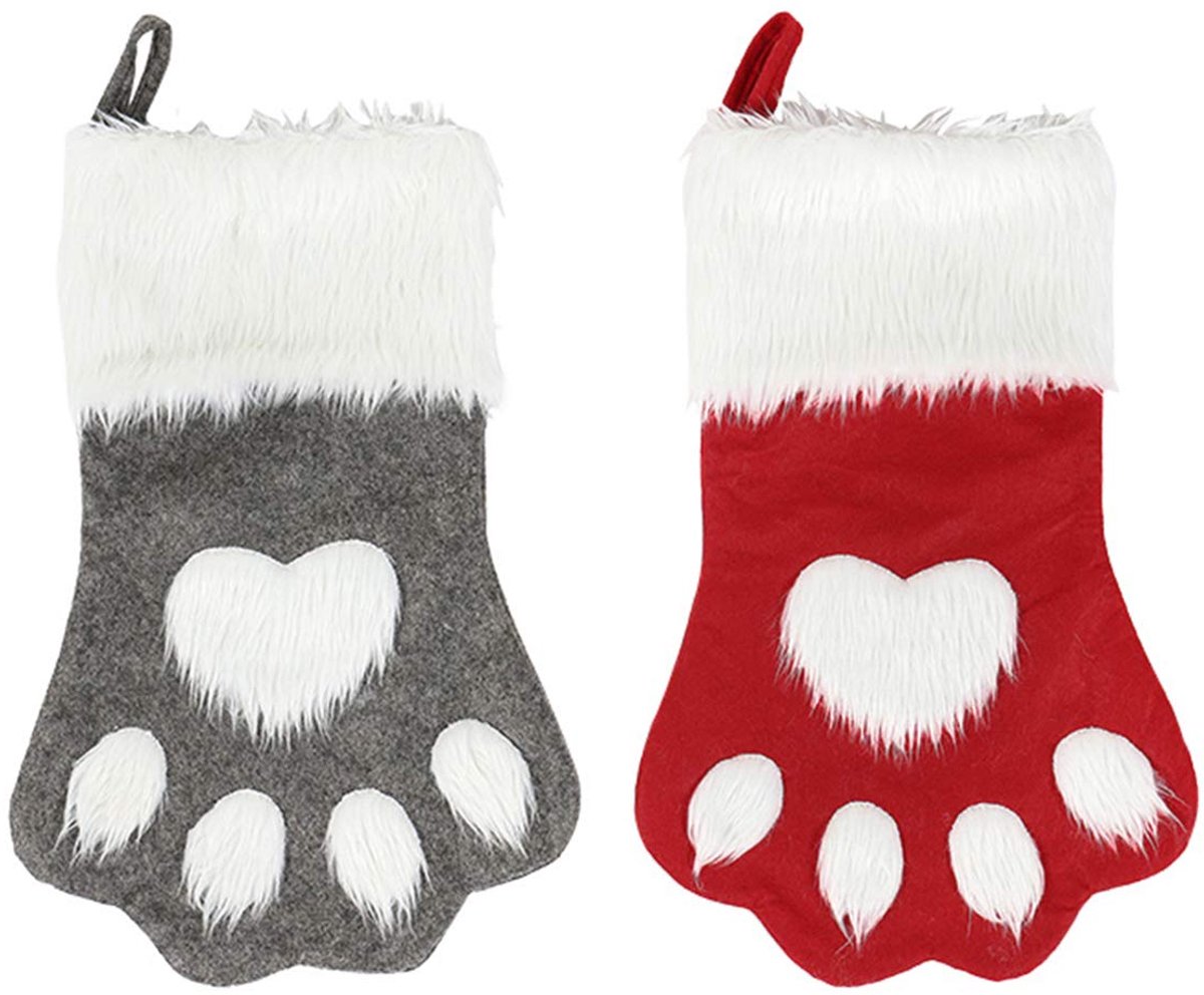 2stuks - Kerstversieringen - Kerstsokken - Kerstboomversieringen - Honden- en kattenpootafdrukken - Pluche hangende sokken - Geschikt voor feestelijke en kerstversieringen - 44 cm - Grijs + rood