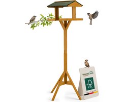 Moorland Houten Voederhuisje op Paal 116 cm – Weerbestendig FSC Vogelhuis voor Balkon, Terras of Tuin – Vogelvoederhuisje voor Buiten – Groot Open Vogelhuisje Bouwpakket met Groen Dak – VH5