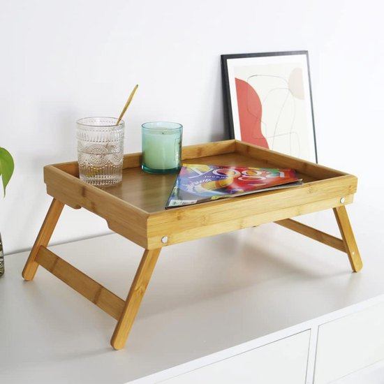 FSC® Bamboe Elegante Inklapbare Bedtafel Met Dienblad | Houten Bed Tafel Witte Tafel Beddienblad Ontbijt Dienblad Ontbijt Op Bed Afm 59 X 33 X 24 Cm Kleur Bamboe Wit