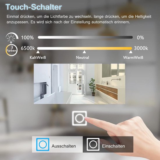 Luminorcrest Badkamerspiegel met led-verlichting,Totaal 45 x 60 cm,led- spiegel,grote spiegel met aanraakschakelaar,dimbaar, warm/wit licht, wandspiegel voor badkamer,HD gehard glas. (70x90cm