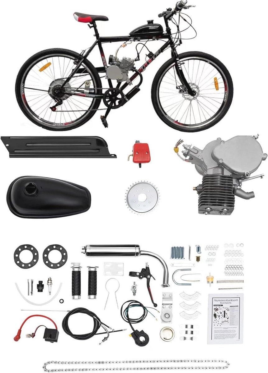 Fietsmotorset 100 cc voor Fiets | 2-taktmotor | 44 Tanden | Capaciteit 2 Liter | Draagvermogen 200 kg