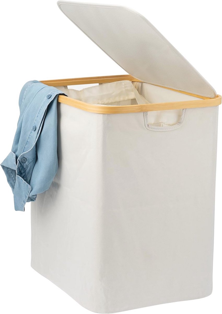 Wasverzamelaar met Uitneembare Waszak en Deksel - Ca. 60 Liter - Beige