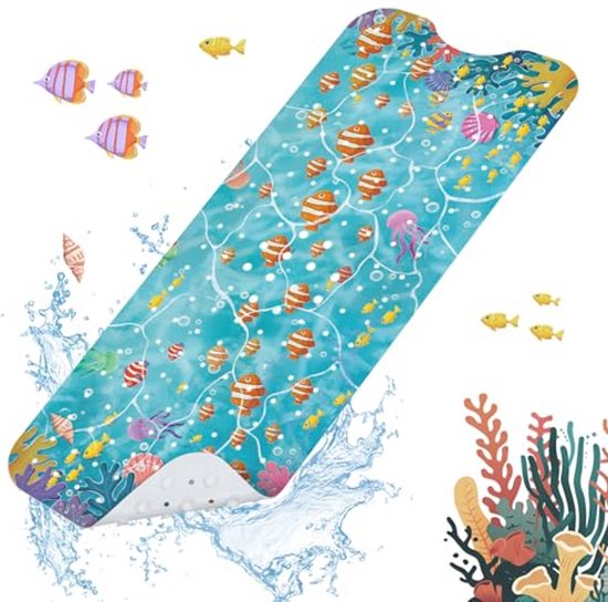 XIYUNTE Babybadmat voor badkuip, antislip badmat, 100 x 40 cm, extra lange badmat, antislip kinderbadmat, veiligheid badmat voor kinderen met zuignappen en afvoergaten, machinewasbaar, schildpad