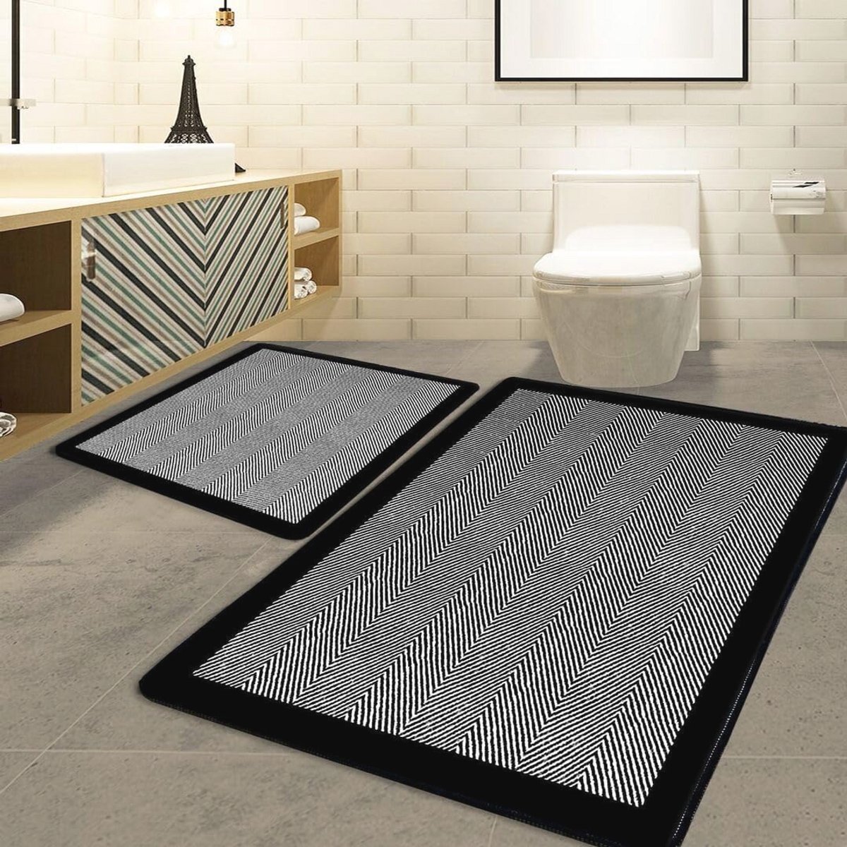 2-delige badkamertapijtenset met antislip en waterabsorberend design - Zwart-wit - 60 x 100 en 50 x 60 cm