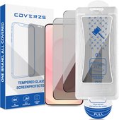Verpakking van Coverzs met 2 privacy screenprotectors, applicatiehulp en informatie.