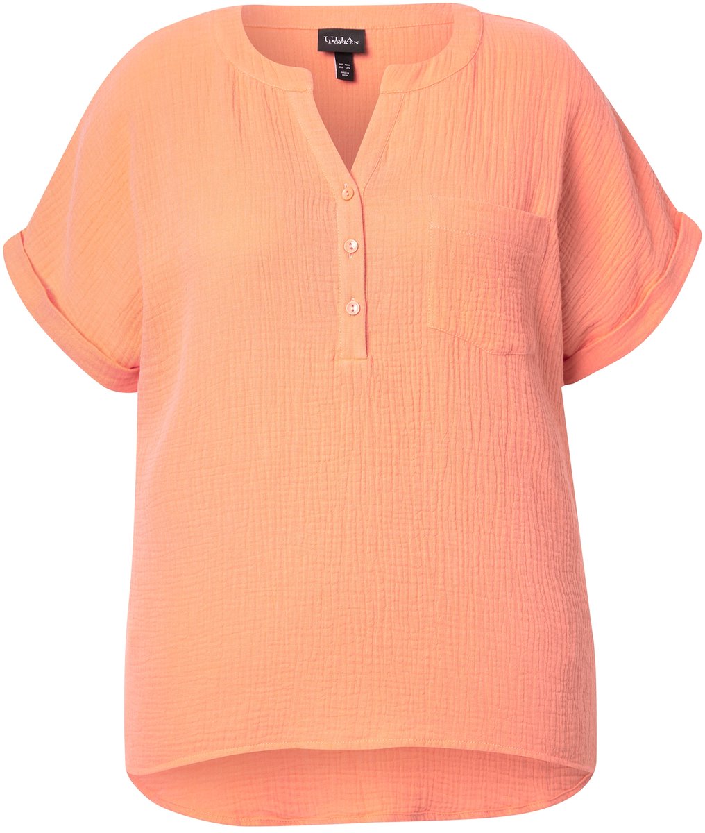 Ulla Popken - Dames - Mousseline blouse oversized tuniekhalslijn halve mouwen - Koraal - Maat 46+