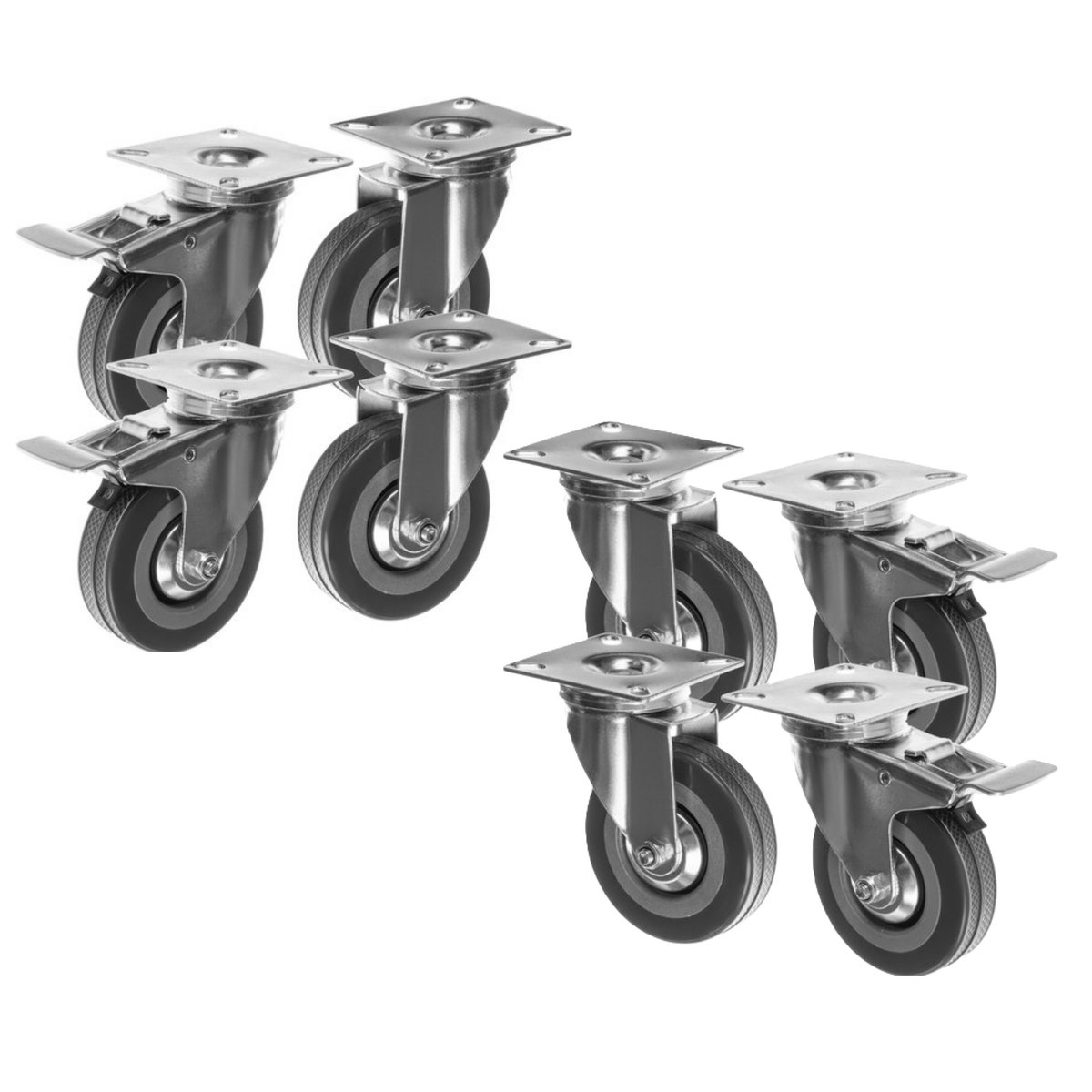 Malatec Zwenkwielen - 8x stuks - zilver/grijs - ijzer - PVC - zwenkwielen met rem - bureaustoel