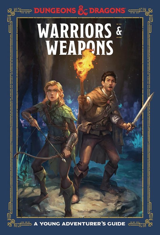 Dungeons & Dragons: Warriors & Weapons. Een jonge avonturiersgids met een vrouwelijke boogschutter en een man met een fakkel en zwaard.