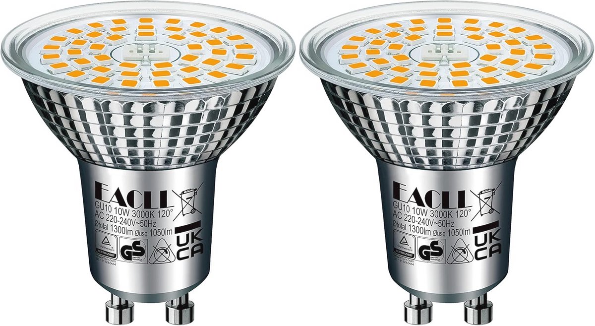 EACLL GU10 LED lamp, koud wit 10W vervangt halogeenlampen van 140W Set van 2 stuks, 1050 Lumen 3000K, geen flikkering, AC 230 V, stralingshoek van 120 graden, niet dimbaar