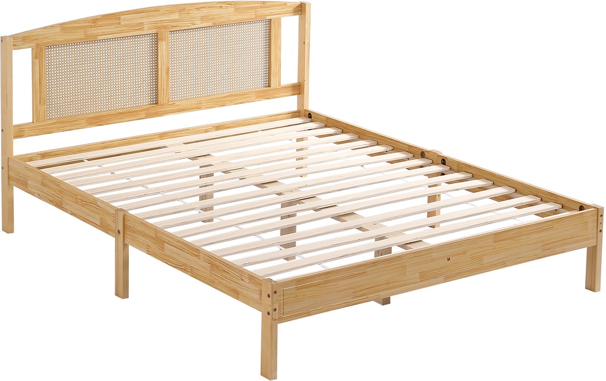 Wishdor Tweepersoonsbed 160x200 cm - Rotanlook Hoofdbord - Naturel Grenen & PE-Rotan - 15 Latten - Bohemian Stijl