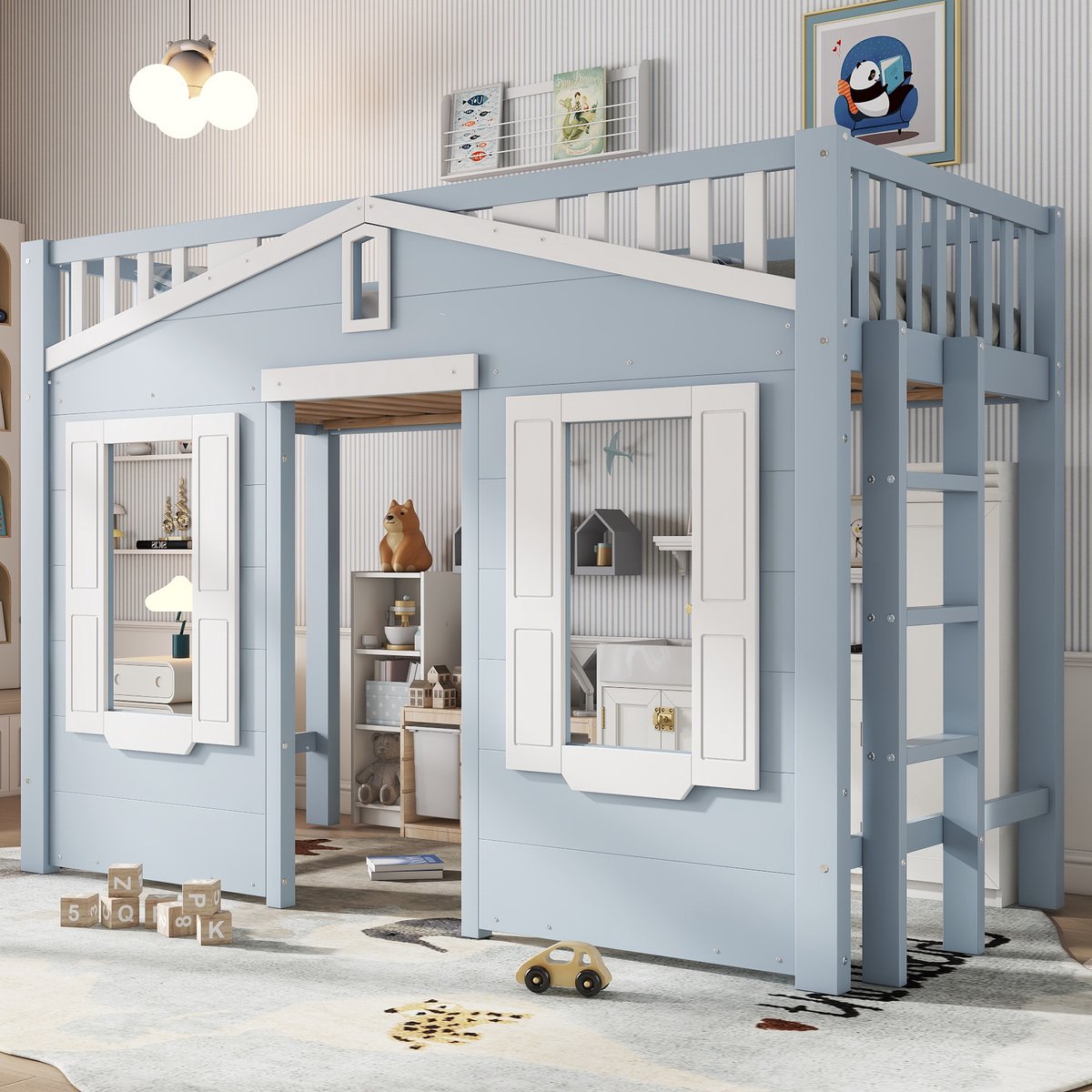 Wishdor Kinderhoogslaper 90x200 cm - Raamdetail - Trap Links/Rechts - Wit & Blauw Hout - Flexibel & Speels