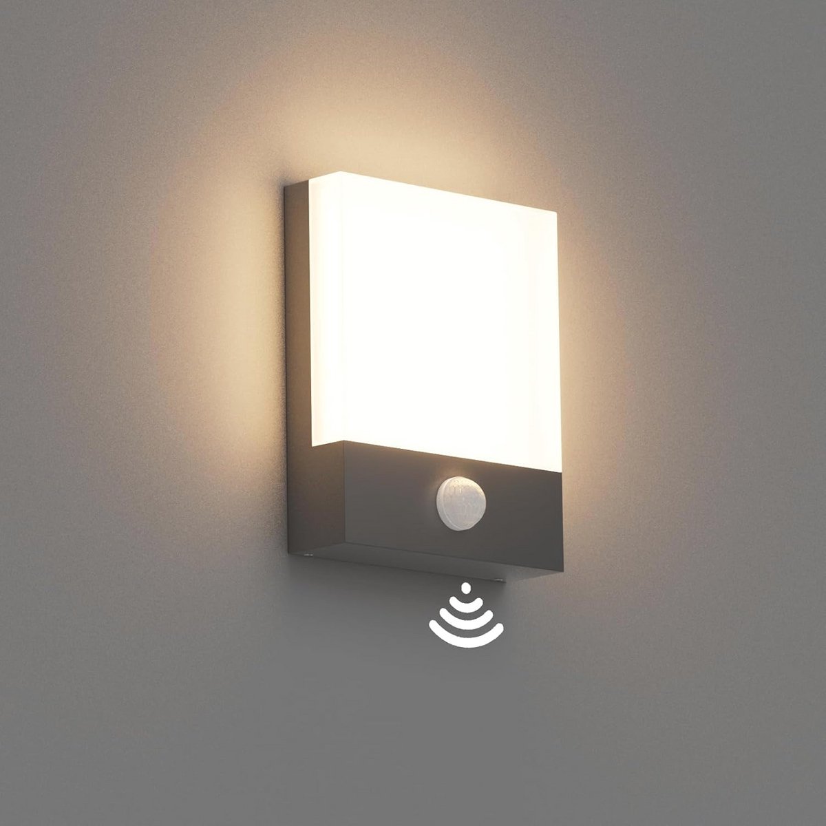 Klighten 24W LED buiten wandlamp met bewegingsmelder, donkergrijze wandlamp binnen buiten, IP65 buitenlamp wand met sensor voor tuin terras entree, warm wit 3000K buitenlamp wand