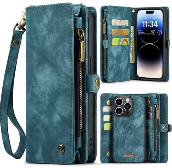 Étui portefeuille bleu en cuir PU avec fermeture éclair et dragonne pour iPhone 14 Pro.