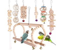 Speelgoed voor Papegaaien en Vogels: 7-delige Set met Houten Zitstokken en Vogelstokaccessoires