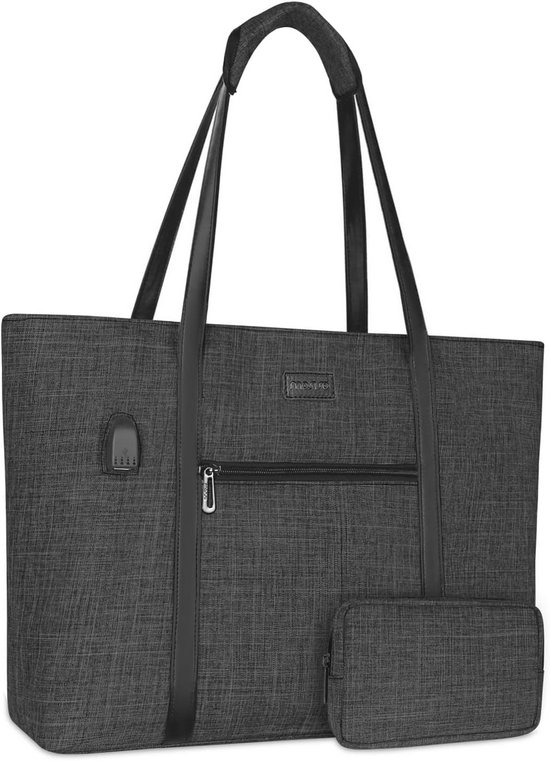 MOSISO USB-poort laptoptas voor dames, compatibel met MacBook Air 15 inch M3 M2 2024 2023/Pro 16 inch 2024-2019, 15-15,6 inch notebook, werk reizen zakelijke computertas met kleine portemonnee, grijs