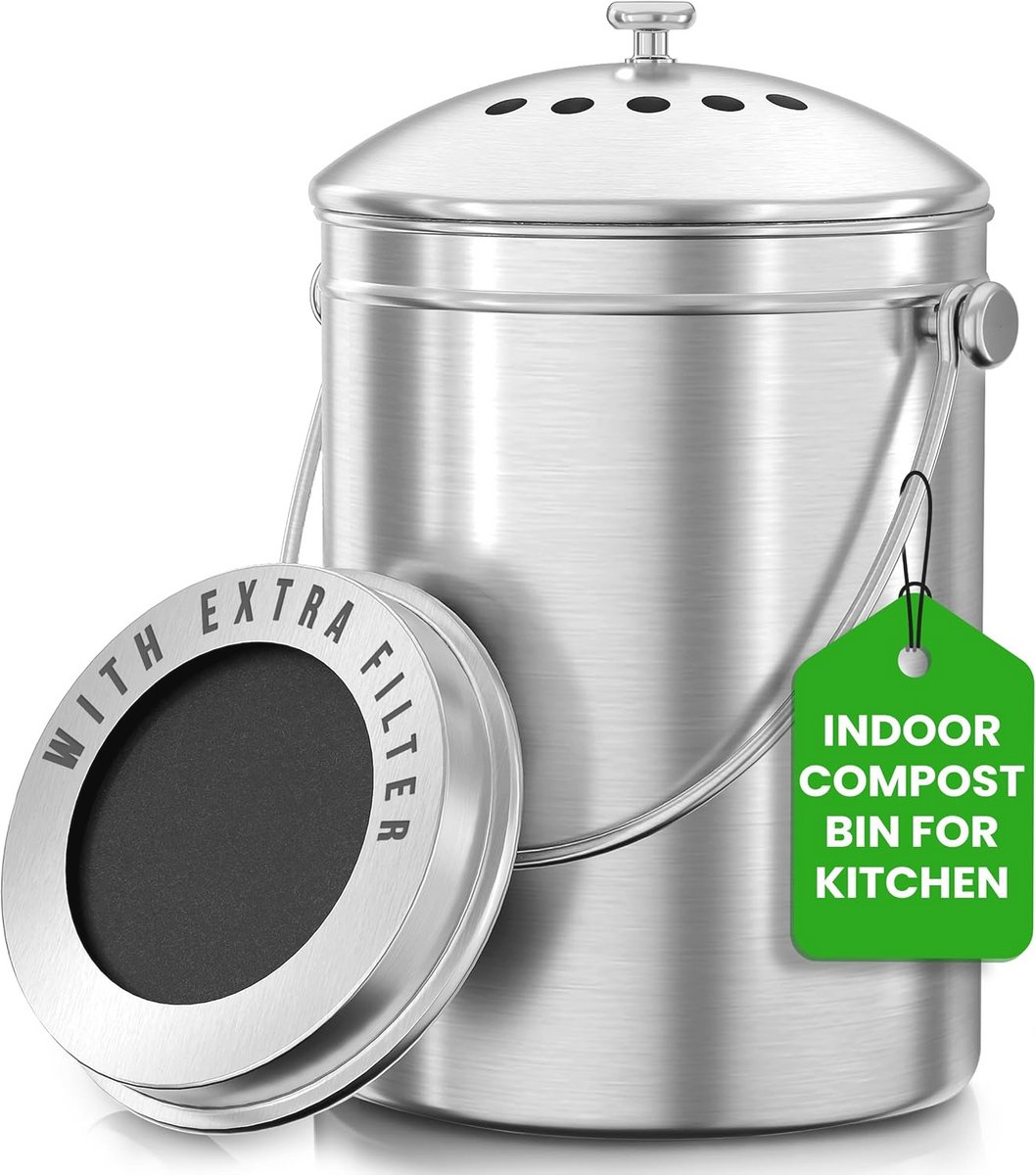 Stijlvolle Roestvrij Staal Compostbak voor Keuken - 5 Liter Inhoud met Deksel en Koolstoff