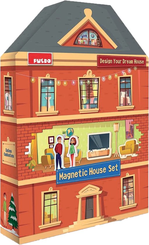 Gesloten magnetische huis speelset, 33 cm hoog en 23,5 cm breed, met 8 kamers.
