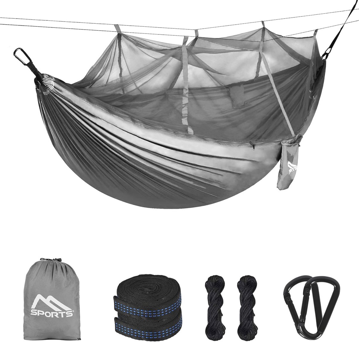 Ultralight Camping Hangmat met Muggennet - 250 kg Draagkracht, Ademend, Zilver-Grijs