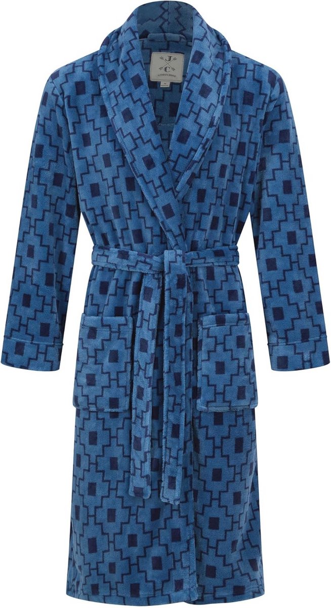 Warme fleece ochtendjas voor heren met geometrisch patroon in blauw