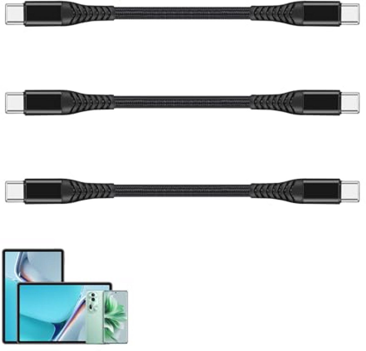 3 Stuks Korte Oplaadkabel Type C 60W - Snellaadkabel voor Gegevensoverdracht