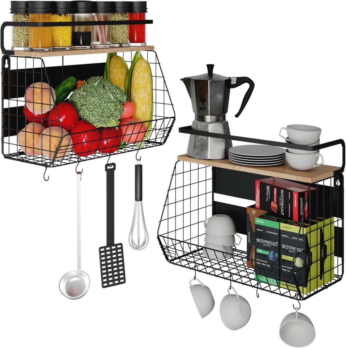 Set van 2 magnetische koelkastplanken in zwart metaal en licht eikenhout - Slanke organizer voor specerijen en groenten