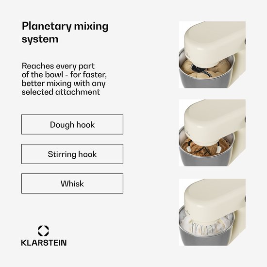 Klarstein Bella Evo 1500W keukenrobot - 5 liter roestvrijstalen kom, 12 snelheden, planetaire mixfunctie, pulsefunctie, deeghaak, klopper en garde, keukenrobot voor bakken, room van Merkloos — afbeelding 4