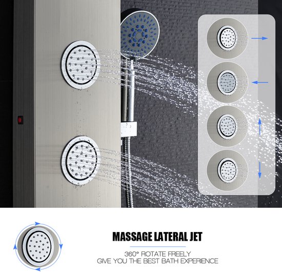 Twee ronde body jets sproeien water. Diagrammen tonen rotatie en waterstromen. 'MASSAGE LATERAL JET' is leesbaar.