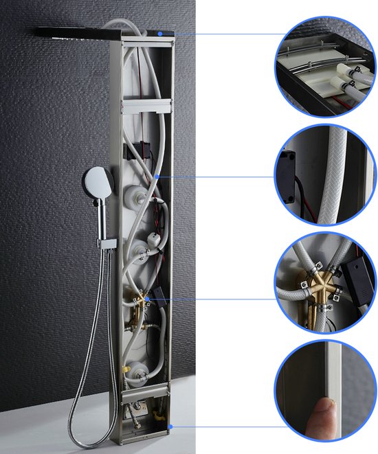 Achterkant van een douchepaneel, met zichtbare leidingen en onderdelen. Diagrammen tonen de interne constructie.