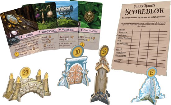 Kaarten, scoreblok en spelonderdelen van Everdell: Freshwater, inclusief een scoreblok met vakjes voor kaarten, welvaart, reis, puntfiches, parels, wonderen en decoraties.