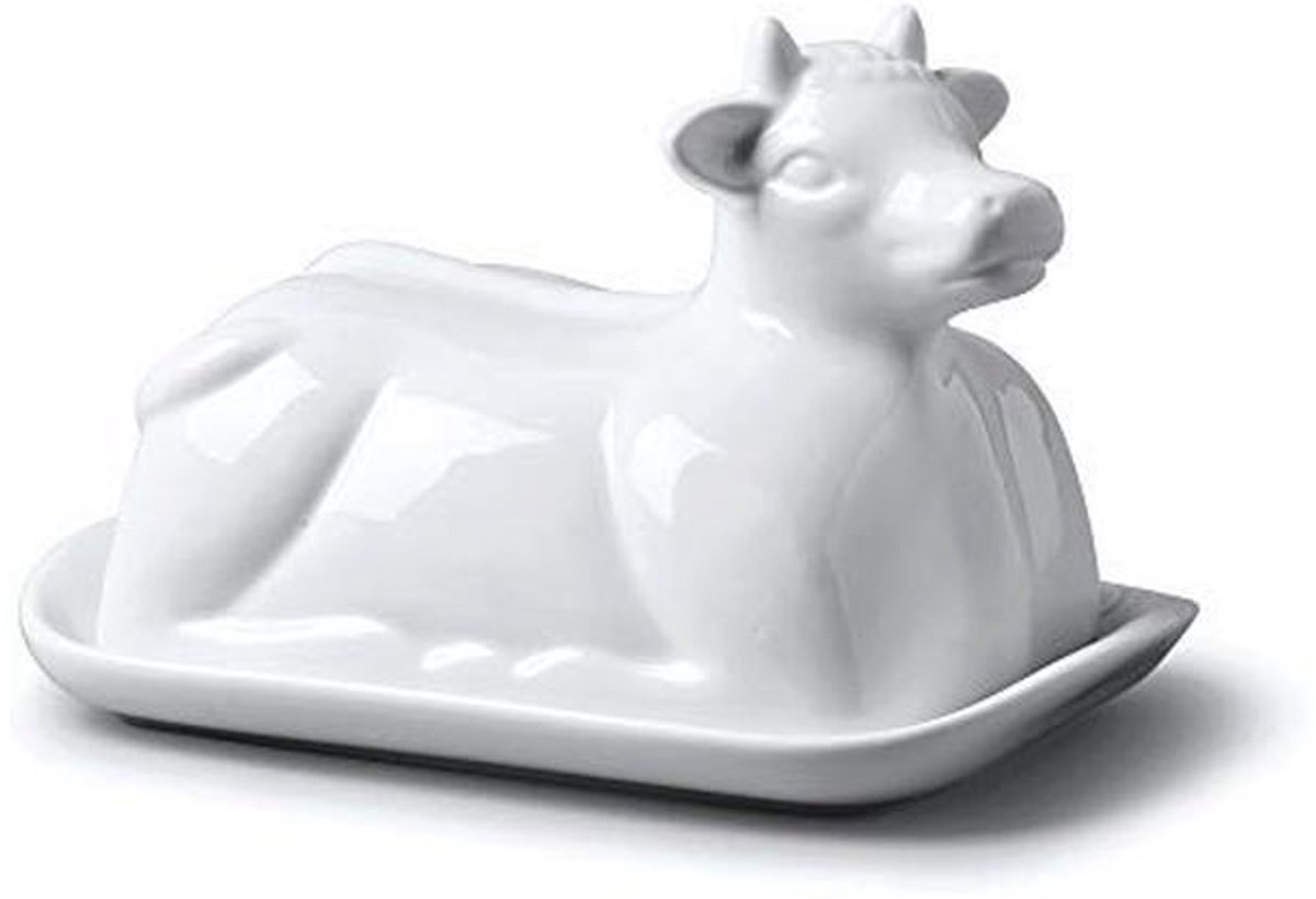 Traditionele porseleinen boterplaat met deksel in koeiendesign - 19 cm - Wit