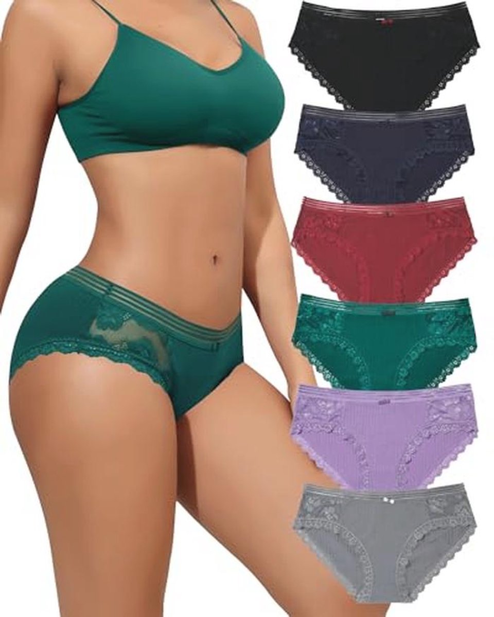 Set van 6 dames onderbroeken, kanten slip, katoenen hipsterslips, zacht en comfortabel ondergoed, multipack, maat S-XL