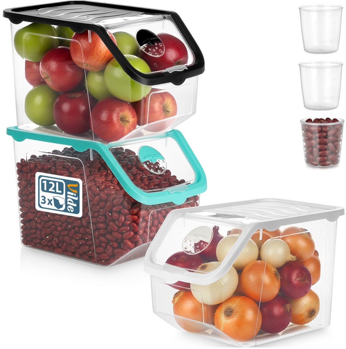Doos voor Groenten en Fruit met Deksel Transparante 12 l 3 stuks - Aardappelbak - Aardappelpot - Bewaardoos - Container - Koelkast Organizer - Opbergbox - Fruitkist