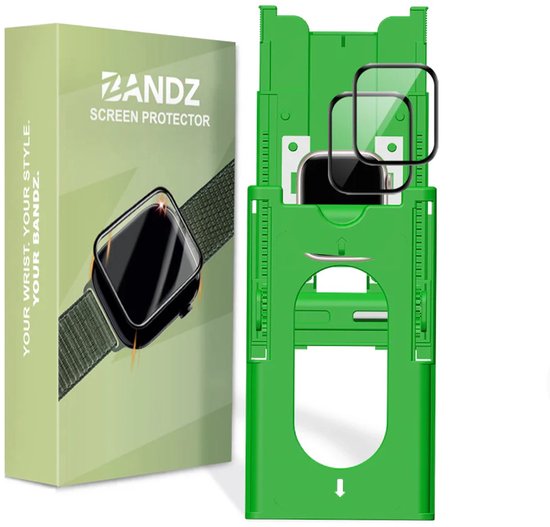 Een groene doos en installatietool met twee schermprotectors voor een zwart horloge.