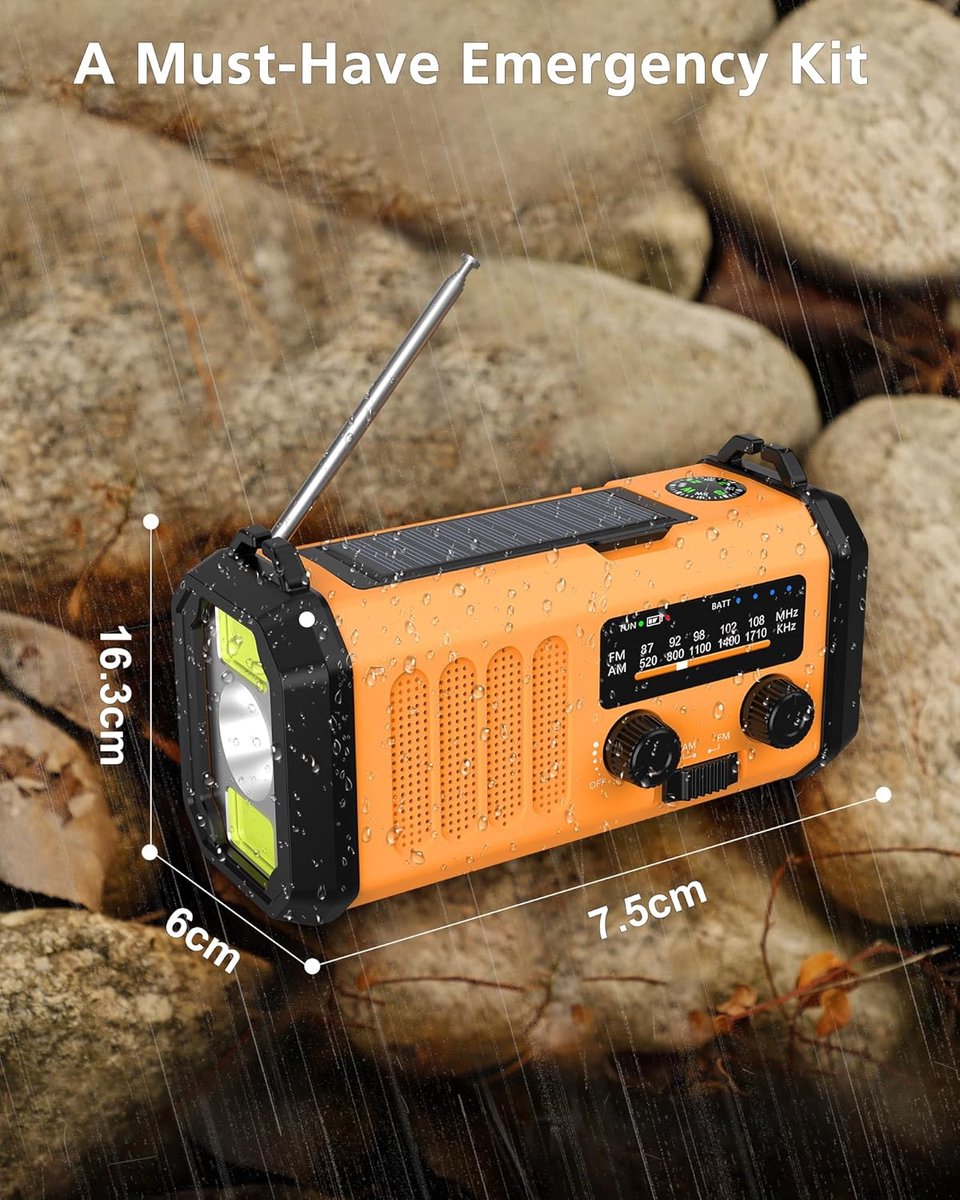 Noodradio op Zonne-energie met 48.100 mWh Powerbank – Hand Crank AM/FM Radio, Zaklamp & Leeslamp, USB-Oplader, SOS-Alarm en Kompas – Draagbaar voor Camping & Noodsituaties – foto 2